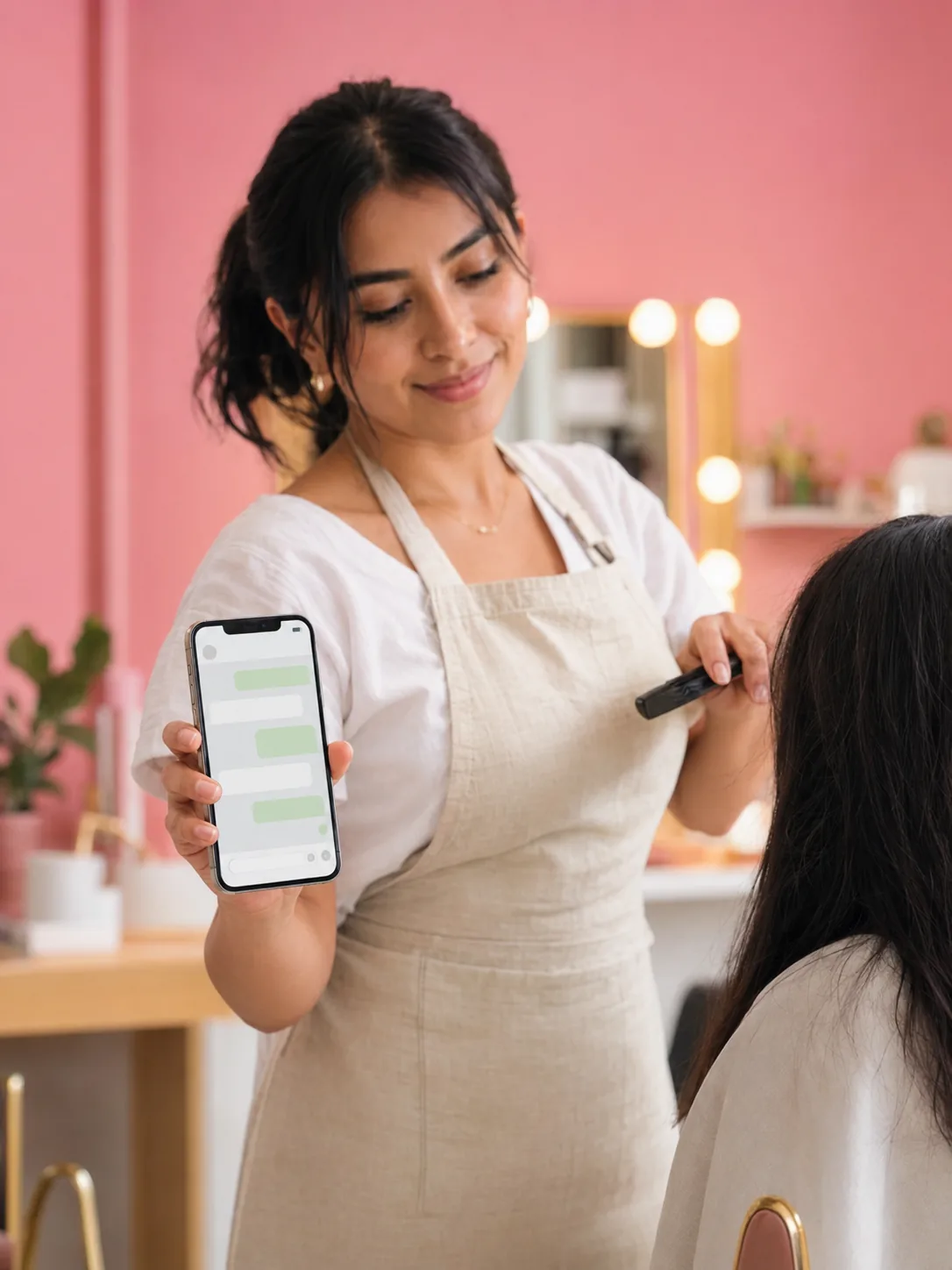 Emprendedora peruana en su salón de belleza atendiendo clientes con WhatsApp Business API y agenda automatizada