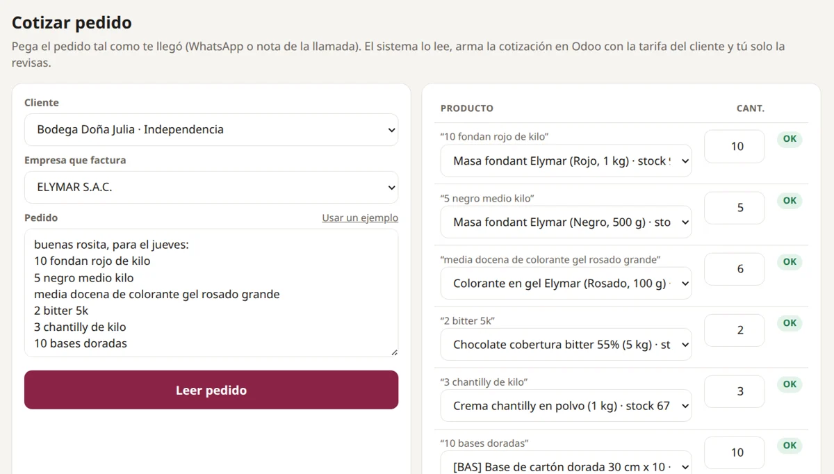 La IA convierte el pedido de WhatsApp en una cotización de Odoo