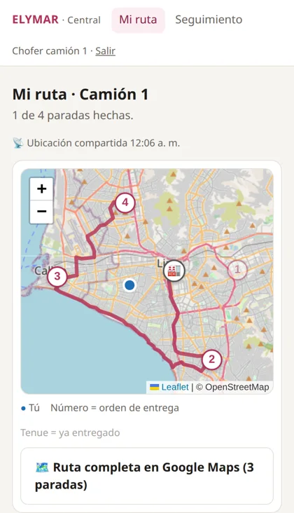 Ruta del chofer en el celular con las paradas en el mapa