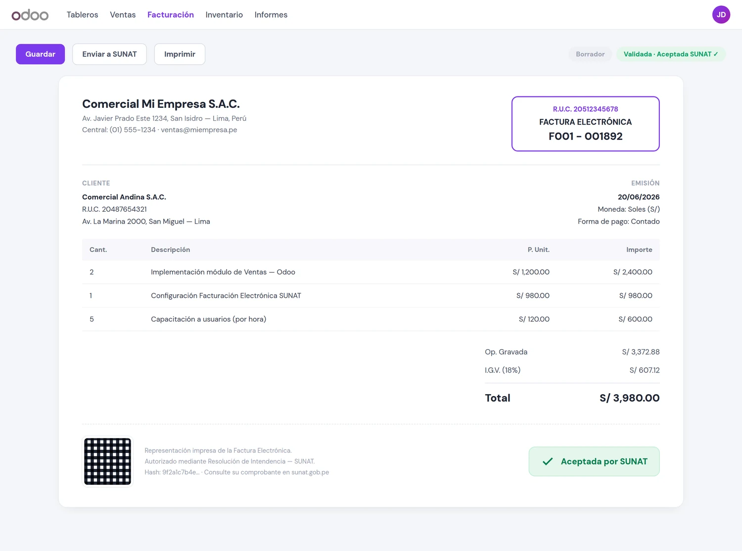 Factura electrónica de Odoo aceptada por SUNAT con IGV y QR