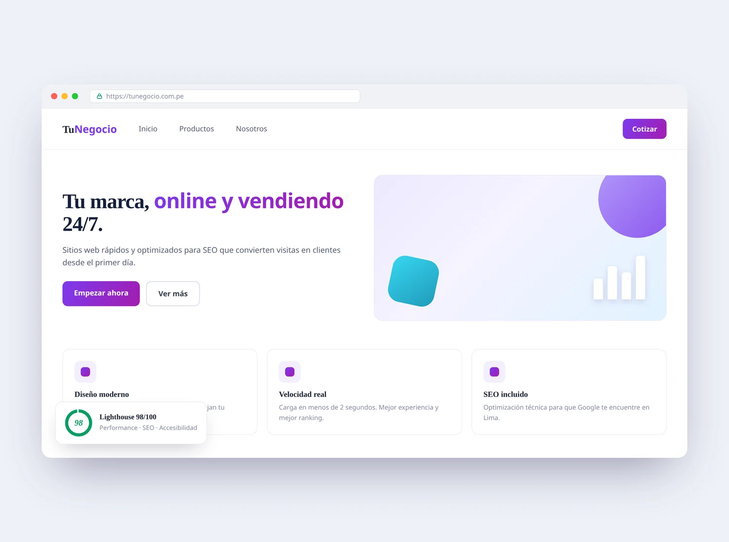 Página web profesional con score Lighthouse 98