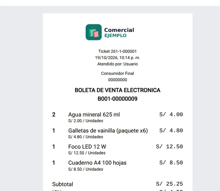 Ticket de boleta de venta electrónica emitida por el sistema
