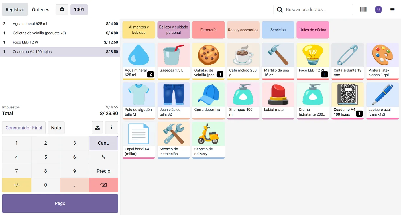 Caja de Odoo con productos, cuenta y botón de pago