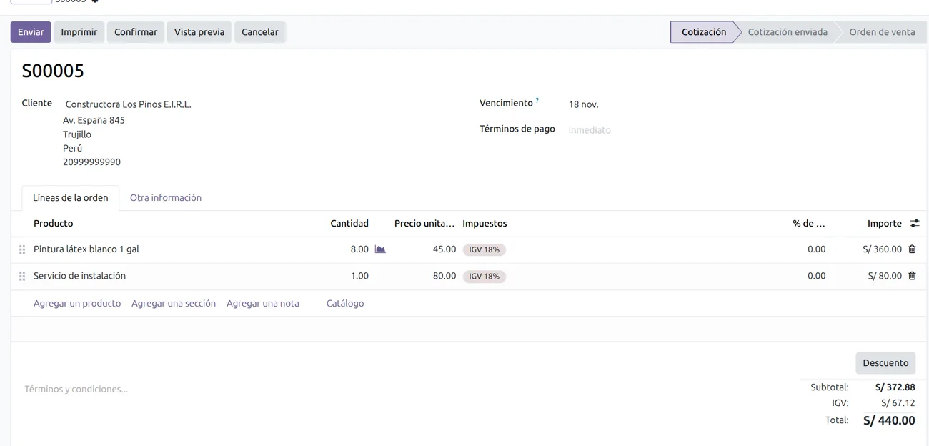 Cotización de venta en Odoo con productos y totales