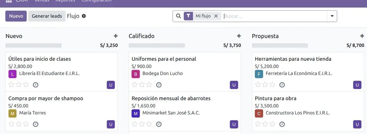 CRM de Odoo con oportunidades por etapas
